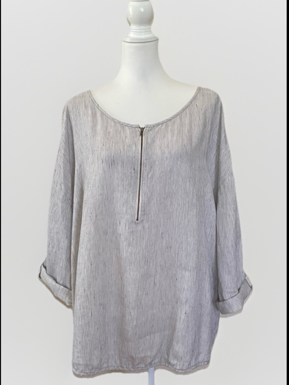 Eileen Fisher Orgainic Linen Boxy Zip Tab Sleeve Stripe Light Grey & Black Sz XL